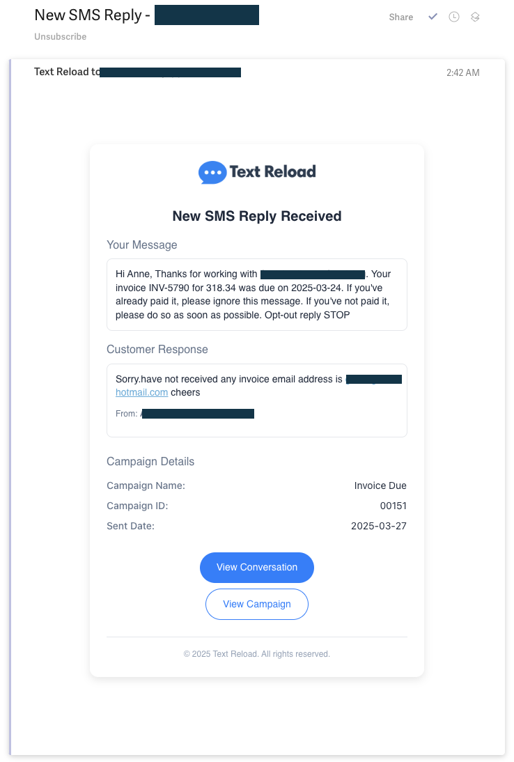 New SMS reply from a customer A new SMS reply notification
